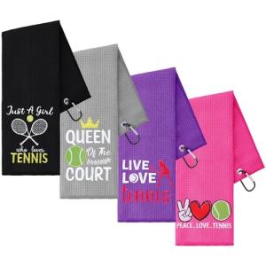 VitalCozy 4 Pieces Tennis Towel Funny Embroidered Tennis Towel with 4 Clip Sports Court Accessory Gifts for Men Women(Vibrant Style)