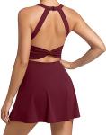 Womens Workout Tennis Dress with Built in Shorts and Bra Athletic Golf Activewear for Exercise Burgundy