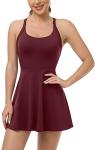Womens Workout Tennis Dress with Built in Shorts and Bra Athletic Golf Activewear for Exercise Burgundy