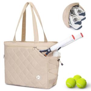 KAVIGOR Tennis Tote Bag with Shoe Compartment - Extra-Large Quilted Pickleball Bag Holds 2-4 Rackets, Water-Resistant & Lightweight for Men & Women