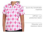 MoFiz Women's Golf Polo Tennis Shirt Short Sleeve 1/4 Zip Quick-Dry Lightweight Collared Athletic Top for Sports Running Summer Casual Pink Argyle Plaid Print M