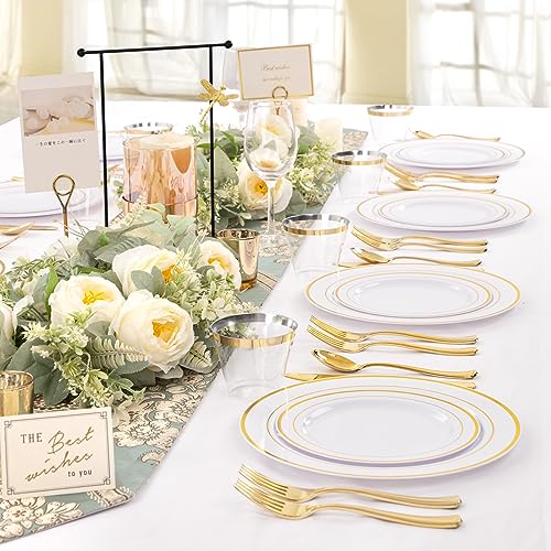 350PC Gold Plastic Party Set - Plates, Silverware, Cups