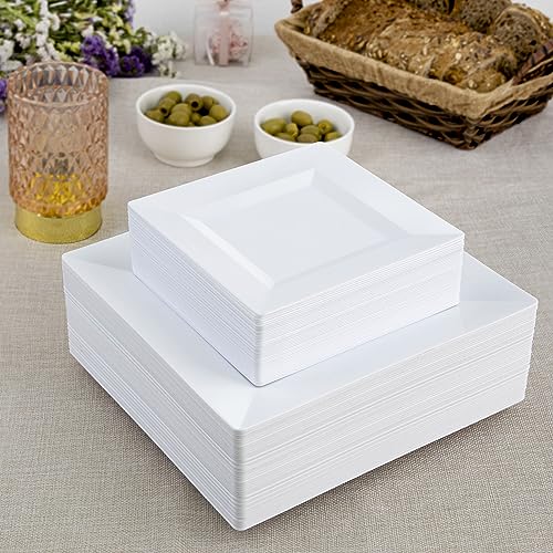 100-Piece White Square Disposable Plastic Party Plate Combo