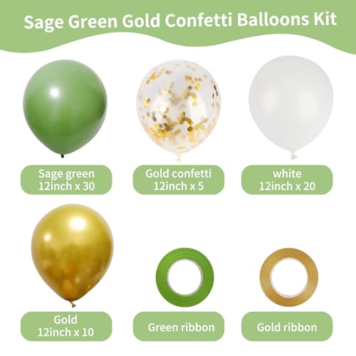 65Pcs Sage Green Gold Confetti Balloons Kit for Parties