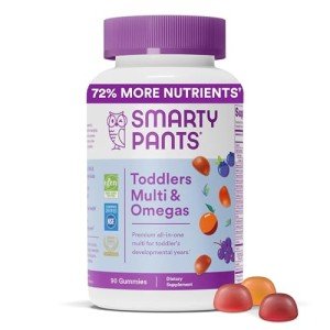 SmartyPants Toddler Multivitamin Gummies: Omega 3 Fish Oil (EPA/DHA), Vitamin D3, C, Vitamin B12, B6, A, K & Zinc, Biotin, Beta Carotene, Gluten Free, Three Fruit Flavors, 90 Count (30 Day Supply)