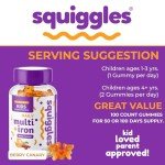 Squiggles Kids Multivitamin + Iron Gummies - Low Sugar Gummy Vitamins with Iron Supplements for Kids - Broad Spectrum of Vitamins and Minerals, Chewy, Yummy Berry Flavor (100 Count)