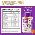 Squiggles Kids Multivitamin + Iron Gummies - Low Sugar Gummy Vitamins with Iron Supplements for Kids - Broad Spectrum of Vitamins and Minerals, Chewy, Yummy Berry Flavor (100 Count)