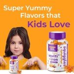 Squiggles Kids Multivitamin + Iron Gummies - Low Sugar Gummy Vitamins with Iron Supplements for Kids - Broad Spectrum of Vitamins and Minerals, Chewy, Yummy Berry Flavor (100 Count)