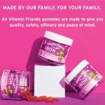 Vitamin Friends - Vegan Multivitamin & Iron for Kids - Daily Nutritional Support Gummies w/Ferrous Fumarate B-Complex, Vitamin C, Zinc, Biotin - Body Function & Anemia - Strawberry, (60 Day Supply)