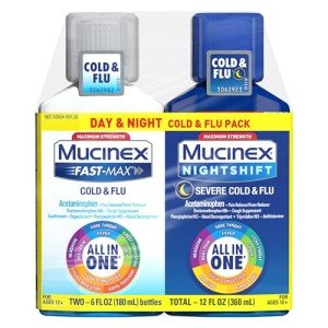 Mucinex Fast-Max Cold and Flu & Nightshift Severe Cold and Flu Medicine for Adults, Over-the-Counter Medication Combo Pack for Sore Throat Relief, Decongestant, Cough & Cold Medicines, 2 x 6 Fl Oz