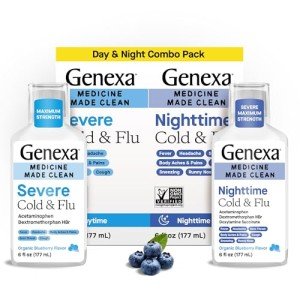 Genexa Clean Cold & Flu Daytime + Nighttime Severe Relief, Dye Free, 0% Artificial Additives, Acetaminophen Fever Reducer, Cough Suppressant, Antihistamine, Organic Blueberry Flavor, 12 fl oz (2 pack)