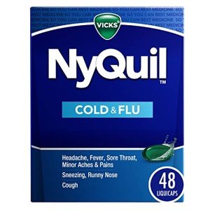 VICKS NyQuil Cold & Flu Relief Over-the-Counter Medicine, Powerful Multi-Symptom Nighttime Relief for Headache, Fever, Sore Throat, Minor Aches & Pains, Sneezing, Runny Nose, and Cough, 48 LiquiCaps