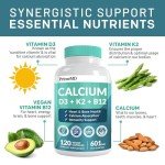 4-in-1 Calcium Supplements for Women and Men - Calcium 600mg with Vitamin D3 K2 5000 IU Supplement for Heart, Bone and Body Defenses - Gluten-Free, Vegan-Friendly (120 ct)