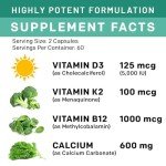 4-in-1 Calcium Supplements for Women and Men - Calcium 600mg with Vitamin D3 K2 5000 IU Supplement for Heart, Bone and Body Defenses - Gluten-Free, Vegan-Friendly (120 ct)