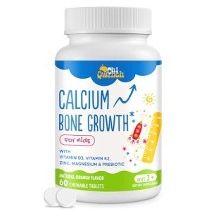 500 MG Calcium Supplement with Vitamin D3 & K2, Zinc, Magnesium & Prebiotics. Kids Vitamins for Kids' Height. Bone Strength, High Absorption, Orange Chewables, Non-GMO, Gluten Free, 60 Tabs