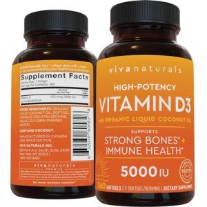 Viva Naturals Vitamin D3 5000 IU Softgels - 360 Count 125 mcg Softgel, Essential D3 Vitamin, Supports Bone Health, Immune Support, Premium Vitamin D, High Potency Vitamin D 5000 IU