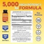 Viva Naturals Vitamin D3 5000 IU Softgels - 360 Count 125 mcg Softgel, Essential D3 Vitamin, Supports Bone Health, Immune Support, Premium Vitamin D, High Potency Vitamin D 5000 IU