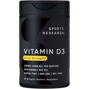 Sports Research Vitamin D3 5000 IU with Coconut MCT Oil - High Potency Vitamin D Supplement for Immune & Bone Support - Non-GMO Verified, Gluten & Soy Free – 125mcg, 30 Liquid Softgels