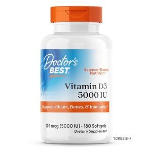 Doctor's Best Vitamin D3 5000IU, Non-GMO, Gluten & Soy Free, Regulates Immune Function, Supports Healthy Bones, White, No Flavour, 180 Count