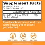 Doctor's Best Vitamin D3 5000IU, Non-GMO, Gluten & Soy Free, Regulates Immune Function, Supports Healthy Bones, White, No Flavour, 180 Count