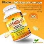 Vitamin D3 5000 IU, 365 Easy-Swallow Softgels, High Strength Vitamin D 5000 IU Supplement - Full Year Supply