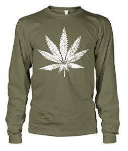 Men's White Weed Marijuana Leaf Cannabis 420 Long Sleeve T-Shirt (Olive Green, Large)