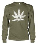 Men's White Weed Marijuana Leaf Cannabis 420 Long Sleeve T-Shirt (Olive Green, Large)