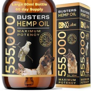 K2xLabs Busters Large 60ml Bottle, 2mth Supply, Organic Hemp Oil for Dogs and Pets, 555000 Max Potency, Made in USA Miracle Formula, Perfectly Balanced Omega 3 6 9 Joint Relief, Calming