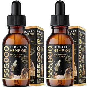 Buster's Large 60ml Bottles, 4mth Supply, Organic Hemp Oil for Dogs and Pets, 555,000 Max Potency, Made in USA - Miracle Formula, Balanced Omega 3, 6, 9 - Joint Relief, Calming (2Pack)