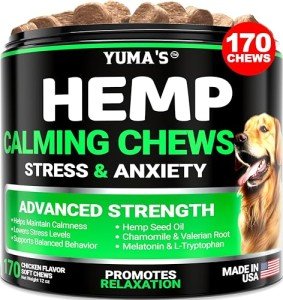 YUMA'S Hemp Calming Chews for Dogs - Advanced Dog Calming Chews - 170 Chews - Anxiety Relief Treats - Separation Aid, Barking, Stress Relief, Thunderstorms - Melatonin - Hemp Oil - Made in USA