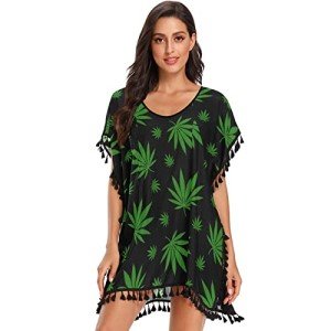 KLL Green Leaves Cannabis Marijuana Drug Herb Womens Tassel Dress, Beach Coverups Swimsuit Cover Up Large