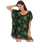 KLL Green Leaves Cannabis Marijuana Drug Herb Womens Tassel Dress, Beach Coverups Swimsuit Cover Up Large