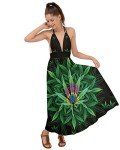 Women Sleeveless V Neck Summer Dresses Marijuana Leaves Dark Green Backless Maxi Beach Dress - Medium