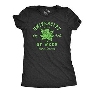 Womens University of Weed T Shirt Funny 420 Weed Leaf College Tee for Ladies Funny T Shirts 420 Tops for Women Women's Novelty Tees Black - L