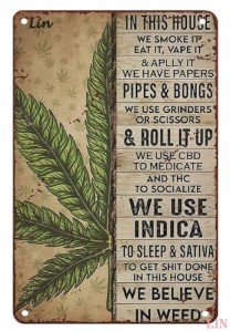 Weed Metal Tin Sign Cannabis Poster In This House We Smoke It Eat It Vape It And Apply It Marijuana Love Weed Art Vintage Cannabis Art Metal Signs Decor Tin Sign Gift for Garage Bar 8x12 inch
