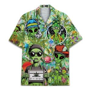 Funny Green Marijuana Alien Hawaiian Shirt for Men Aliens UFO Mens Hawaiian Shirts Short Sleeve Button Down Shirt Men