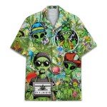Funny Green Marijuana Alien Hawaiian Shirt for Men Aliens UFO Mens Hawaiian Shirts Short Sleeve Button Down Shirt Men