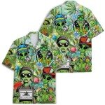 Funny Green Marijuana Alien Hawaiian Shirt for Men Aliens UFO Mens Hawaiian Shirts Short Sleeve Button Down Shirt Men