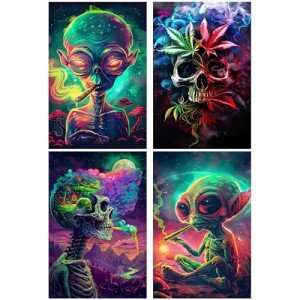 bqw Alien Smoking Weed Poster – 17x11 Inch Unframed Trippy Stoner Wall Art for Dorm Room, Man Cave, or 420 Decor | Funny Marijuana Alien Print Gift for Potheads & Cannabis Enthusiasts