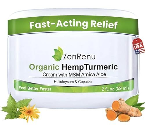 Zenrenu Organic Hemp Turmeric Joints & Muscle Cream with Arnica, MSM, Hemp Oil Extract, & 7 Essential Oils - Non Greasy & Fast Absorbing for Back, Neck, Elbows, Knees, & Hip 4 oz