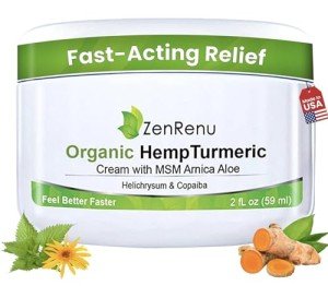 Zenrenu Organic Hemp Turmeric Joints & Muscle Cream with Arnica, MSM, Hemp Oil Extract, & 7 Essential Oils - Non Greasy & Fast Absorbing for Back, Neck, Elbows, Knees, & Hip 4 oz