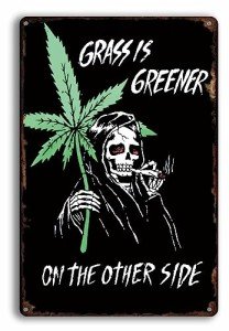 Impressed Reefer Reaper Marijuana Vintage Tin Sign - Gothic Emo 90s Retro Trippy Skeleton Grunge Weed Man Cave Hippie Stoner Accessories for Men - Funny Print College Dorm Wall Hanging Skull Decor for Teens - 420 Goth Aesthetic Signs Decoration Stuff for Girls - Cool 420 Basements & Apartment Bedroom Poster