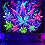 BlissYard Weed Blacklight UV Reactive Tapestry Neon Cannabis Leaf Wall Tapestry Smoking Cannabis Leaf Black Light Glow in The Dark Party Backdrop Art Poster for Men Room Bedroom Decor 59 X 78 inch