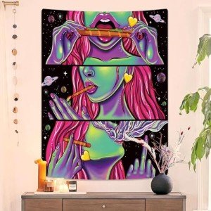 Trippy Tapestry Blacklight Weed Tapestry for Stoners Weed Decor Marijuana Cannabis Smoking Tapestries Hippie Hippy Wall Tapestries for Bedroom Trippy Room Decor Weed Accessories Gifts Poster 37”x 29”