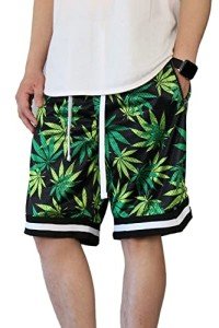 AIRNINE Men's Bandana Marijuana Basketball Shorts with Pockets (S to 5XL) (2X-Large, Black Leaf_S17)