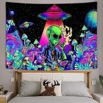 Cool Alien Tapestry, Trippy Mushroom UFO Space Tapestries for Men Boys, Funny Alien Smoking Marijuana Leaf Weed stoner tapestry, Psychedelic Neon Galaxy Space Tapestry Wall Hanging Posters, 40X30IN