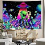 Cool Alien Tapestry, Trippy Mushroom UFO Space Tapestries for Men Boys, Funny Alien Smoking Marijuana Leaf Weed stoner tapestry, Psychedelic Neon Galaxy Space Tapestry Wall Hanging Posters, 40X30IN