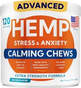 GOODGROWLIES Advanced Calming Chews for Dogs - Hemp Treat + Melatonin + Valerian - Relaxing Bites - Calming Care - Anti-Anxiety & Stress Relief - Made in USA - Calm, Sleep Aid, Storms - 120Ct