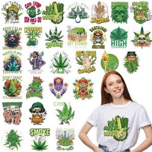 Dazoratix Weed Iron on Transfers - 30 PCs Pot Leaf Ready to Press Heat Transfer Stickers Green Planrt Decals for T-Shirts Clothing Hat Appliques Clothes Decorations DIY Crafts Pillow Washable Patches