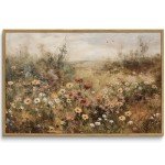 Framed Canvas Wall Art Vintage Decor, Vintage Painting Wall Art Prints, Landscape Wall Art for Living Room Decor Bedroom Home Bathroom Wall Decor (Wildflower Meadow at Dusk)